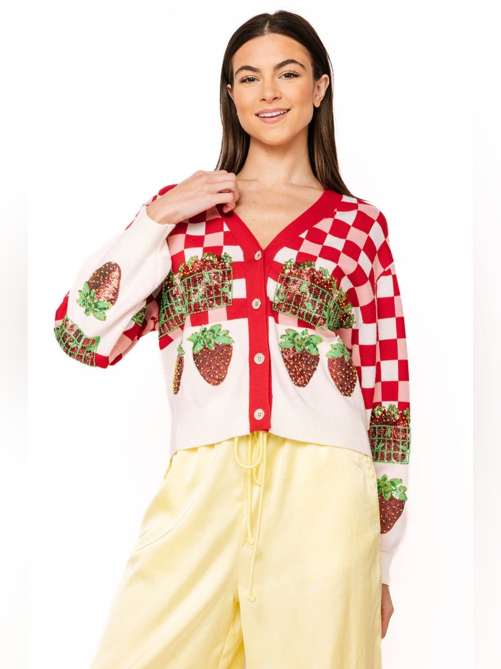 QUEEN OF SPARKLES Red & White Checkered Strawberry Button Up Cardigan